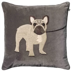 Embroidered French Bull Dog Kussensloop 50 X 50 Cm, Grijs
