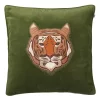 Embroidered Tiger Velvet Cushion Cover 50x50 Cm, Cactus Green