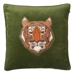 Embroidered Tiger Velvet Cushion Cover 50x50 Cm, Cactus Green